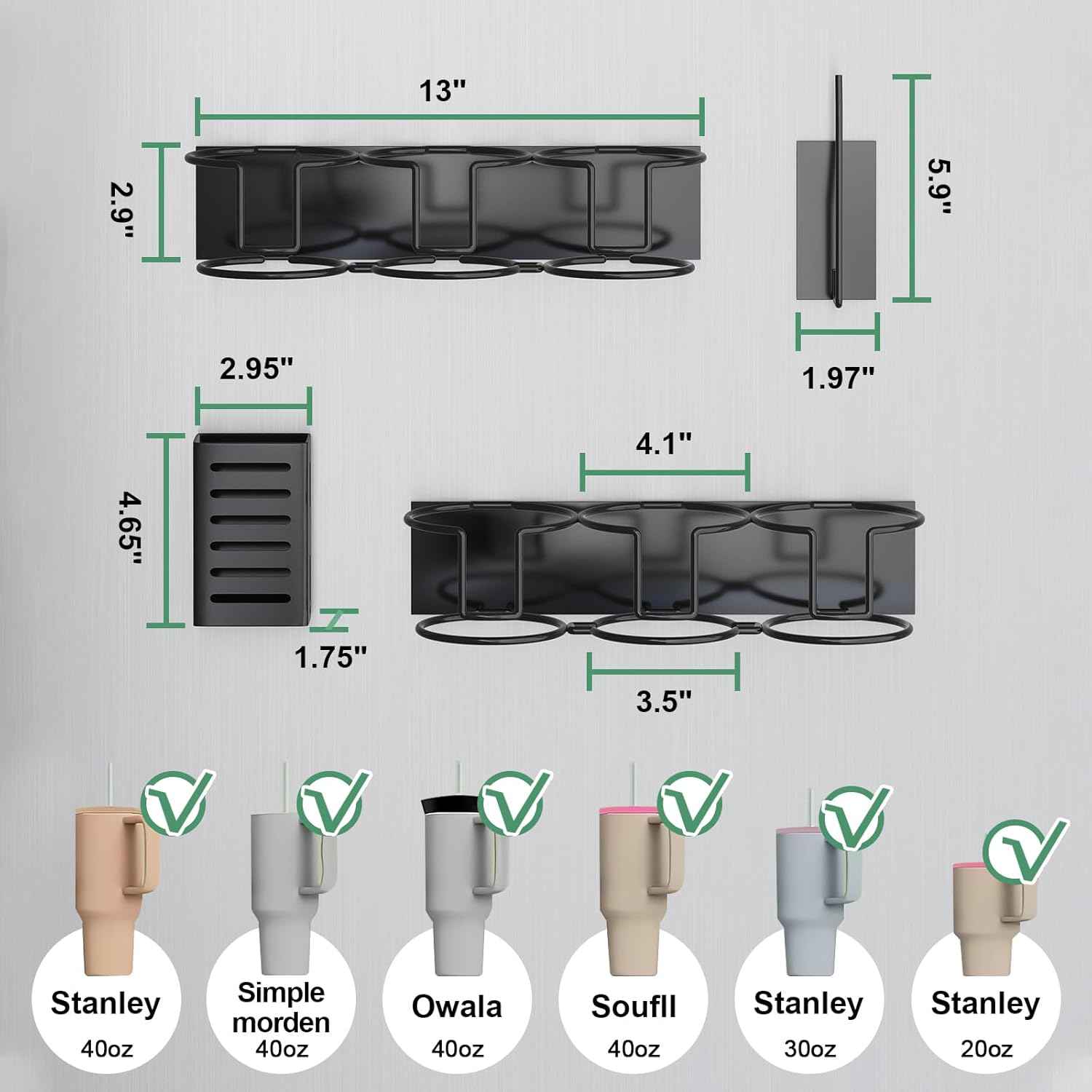 Magnetic Cup Holder for Fridge, Aufworld Tumbler Organizer Fits 20/30/40 oz Stanley Cups, Accessory Storage with Lid & Straw Holder, Space-Saving Storage Rack for Kitchen Fridge (Black-Cup Holder Set) - Image 3
