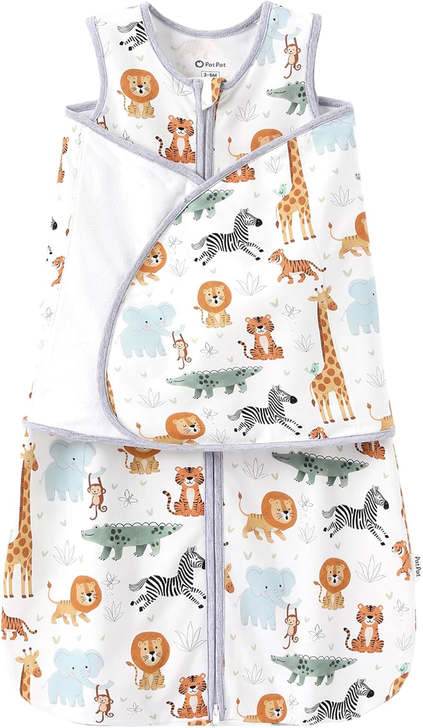PATPAT Cotton Swaddle for Newborns, Soft Baby Wearable Blanket, Quiet Hook & Loop Closure, Easy Transition Design, 2-Way Zipper for Easy Diaper Changes, 0.5 TOG, Safari Animals, 0-3 Months