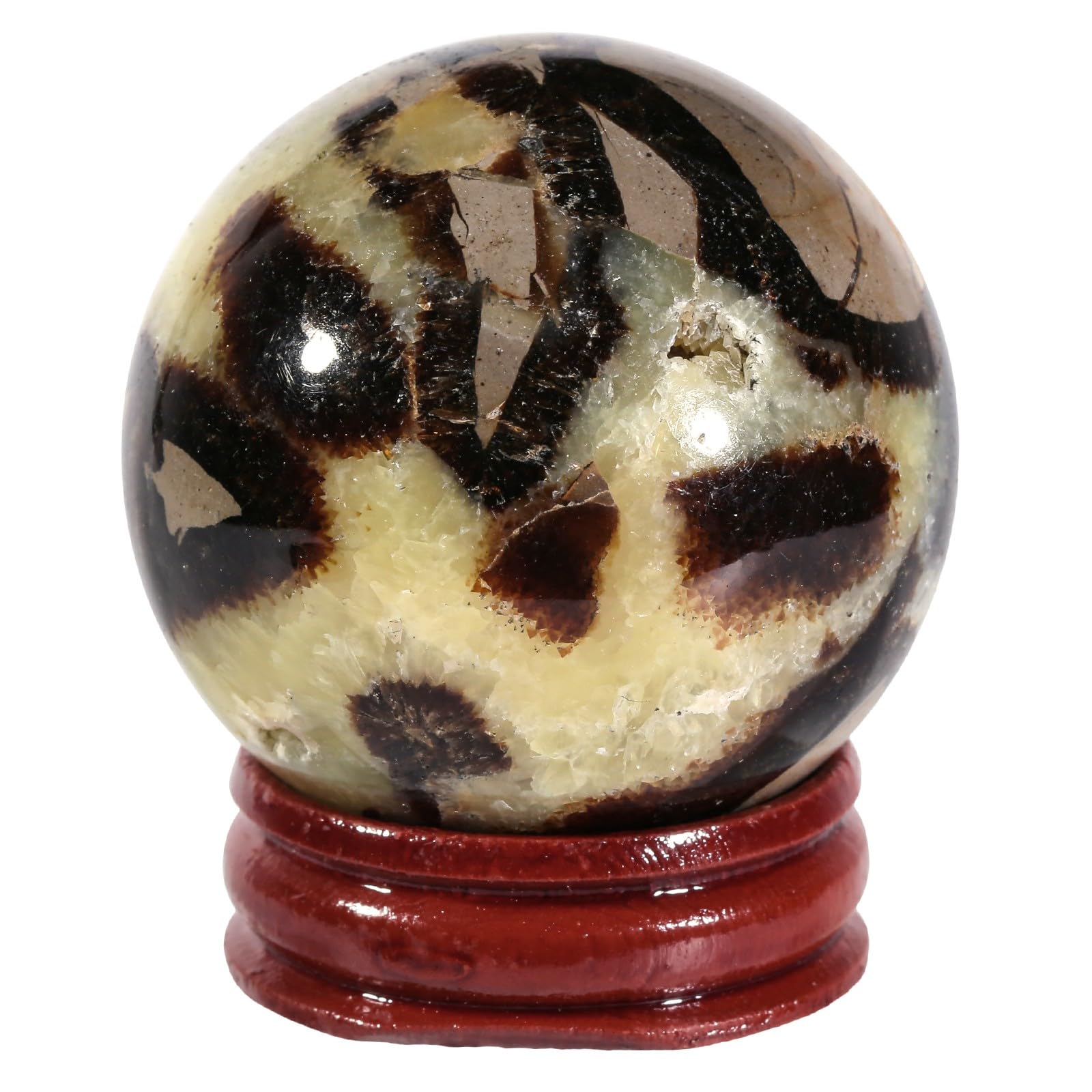 SUNYIK Natural Septarian Dragon Crystal Ball with Wooden Stand, Polished Round Stone Sphere Feng Shui Decoration Home Office Specimen for Easter Day, 1.6-1.96