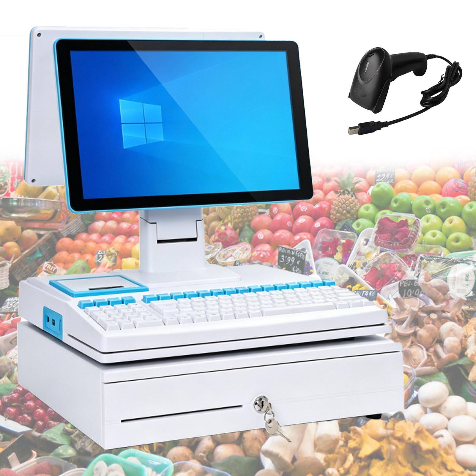 Pvxa All-in-One Touch Screen Single/Dual Monitor Cash Register, with 15.6" Touch Screen Monitor, Cash Drawer Barcode Scanner, for Small Businesses and Reta Black DualScreen-White