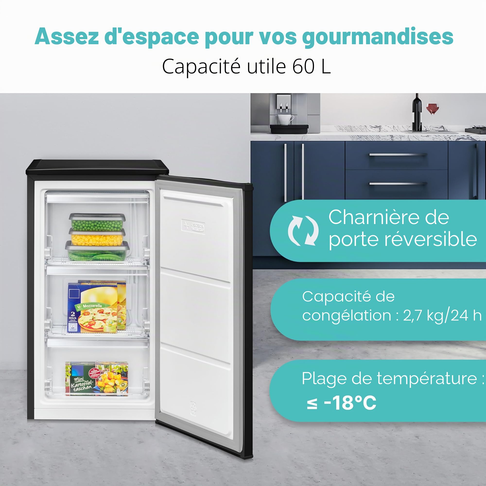 Bomann® Petit congélateur | Congélateur 4 étoiles | Congélateur 3 compartiments | Silencieux | ≤ -18 °C | Butée de porte interchangeable | Mini Freezer 60 L | Petit congélateur | GS 7256 noir