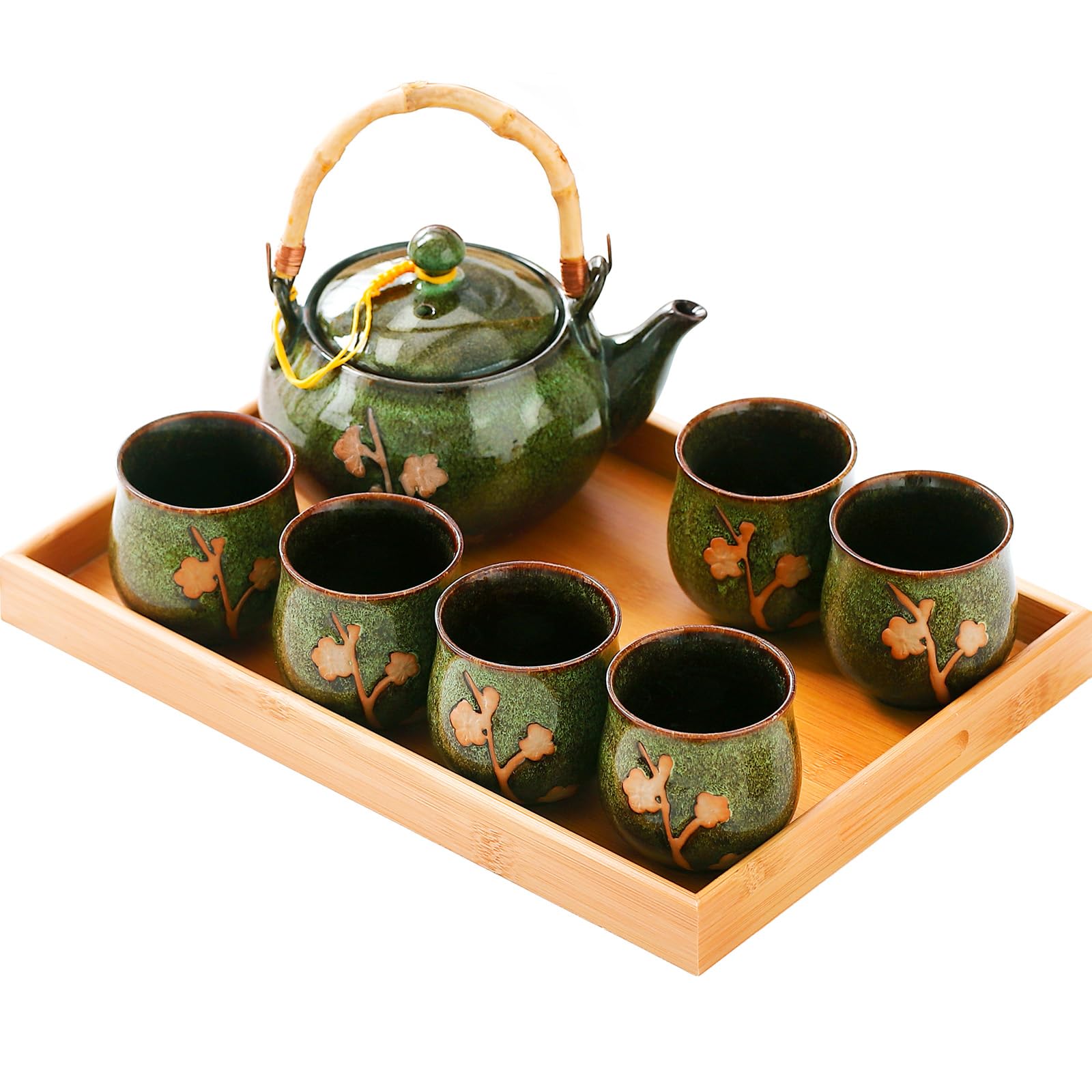 REOWONU Traditional Japanese Tea Set, Kiln Altered Glaze Porcelain Tea Set with 1 Teapot, 6 Tea Cups, 1 Tea Tray,Japanese teapot Set, Asian Tea Sets (Kiln Altered-Green)