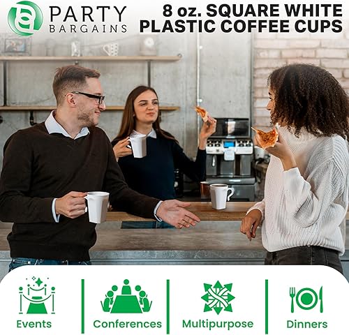 Miniatura 6 de PARTY BARGAINS Tazas de café de plástico, 8.5 onzas, 8 unidades, blancas, tazas de café cuadradas con asas, reutilizables, tazas de té similares a