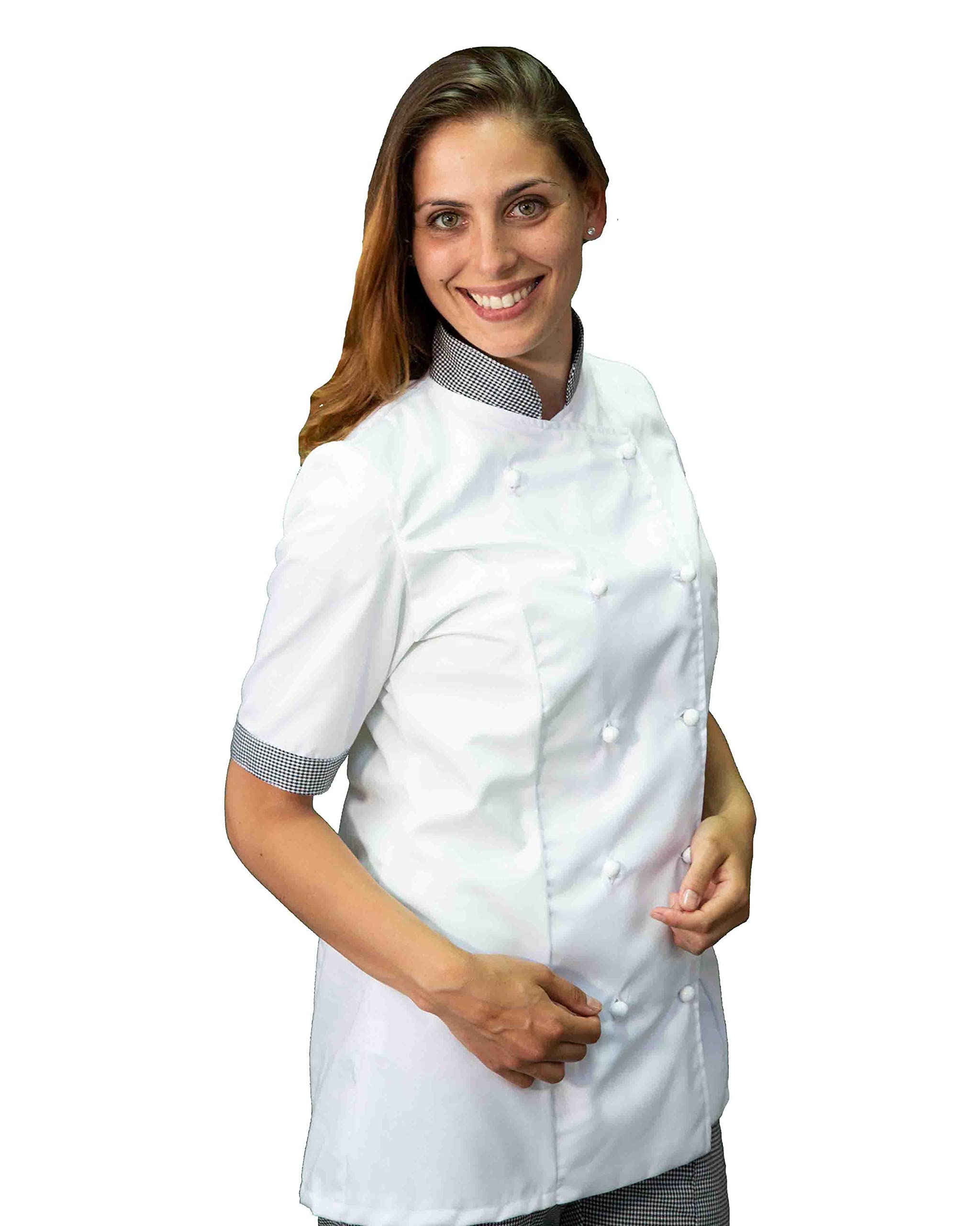 Bordado gratis – Chaqueta de cocinero para mujer – Casaca Chef Blanca y Pied de Poule – Uniforme personalizable para cocina y restaurante – Manga corta – Fabricado en Italia