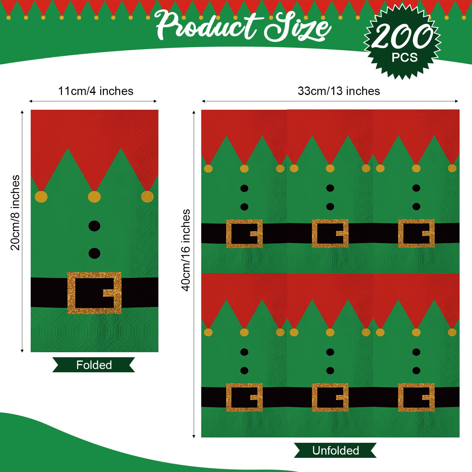 Lot de 200 serviettes de Noël jetables en papier 3 plis pour invités de Noël - Fournitures de fête d'hiver, décorations de table (style elfe)