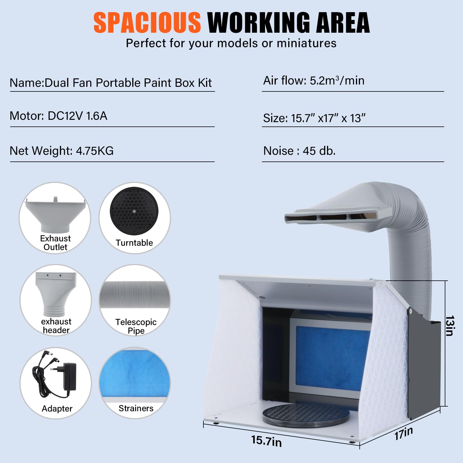 VELPAX Cabina de Pintura para Aerógrafo 5.2m³/min Velocidad Ajustable con Doble Ventilador, 4 Luces LED, Manguera Telescópica, Ideal para Pintura Decorativa, Manualidades y Decoración de Pasteles