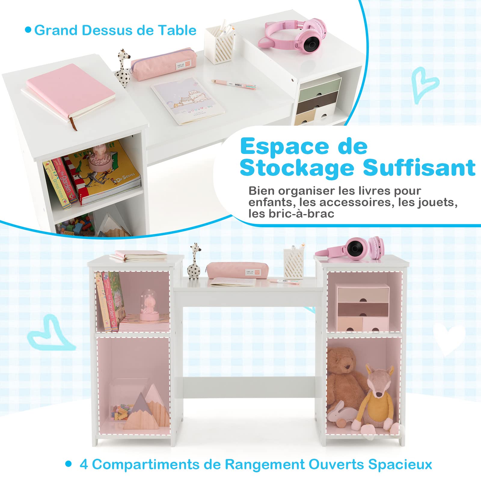 COSTWAY 2 en 1 Coiffeuse et Chaise Enfants avec Miroir Amovible à Trois Volets, Table de Maquillage Princesse avec 4 Compartiments de Stockage, 104x40x117cm pour Enfants de 3 Ans+…