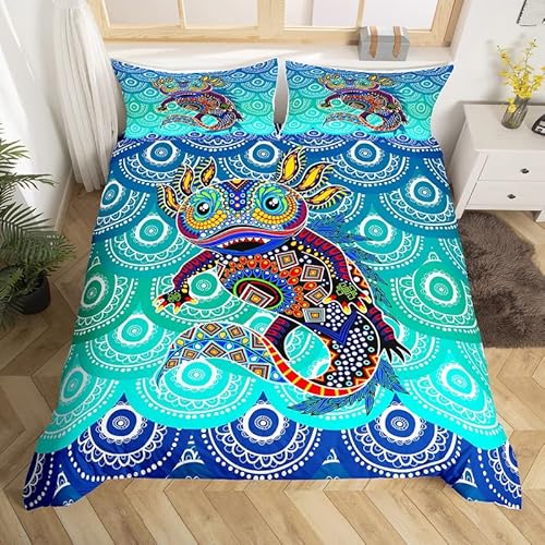 Axolotl Bedding Sets Turquoise Mandala Comforter Cover Aztec Southwestern Indian Duvet Cover Set For Kids Boys Girls Ocean Animal Coastal Salamander Bedspreads Cover With 2 Pillow Cases Full Size #TOP24