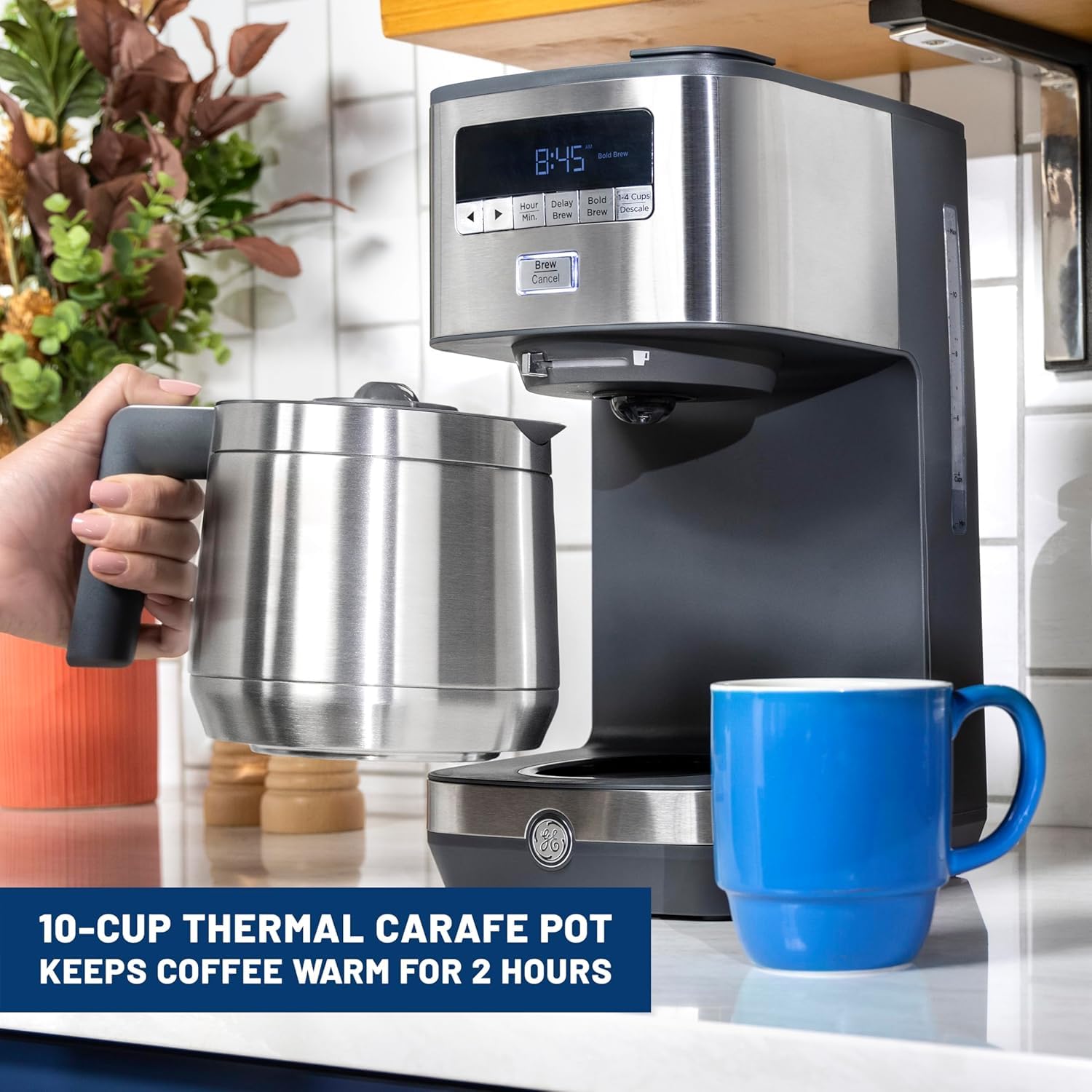 GE Drip Coffee Maker With Timer | 10-Cup Thermal Carafe Coffee Pot Keeps Coffee Warm for 2 Hours | Adjustable Brew Strength | Wide Shower Head for Maximum Flavor | Kitchen Essentials | Stainless Steel | 24-hour programmable auto brew, adjustable strength,