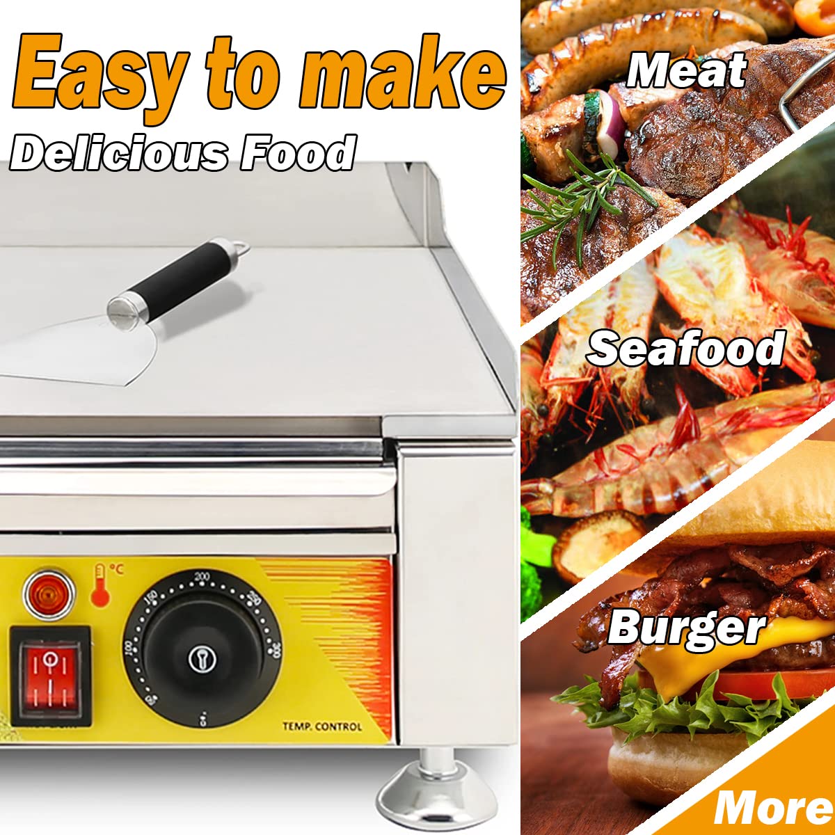 Electric Griddle Commercial Flat Top Grill Indoor Countertop Flattop Griddles for Restaurant Home Kitchen, 12inch, 1500W, Adjustable Temperature 122?-572?, 220V