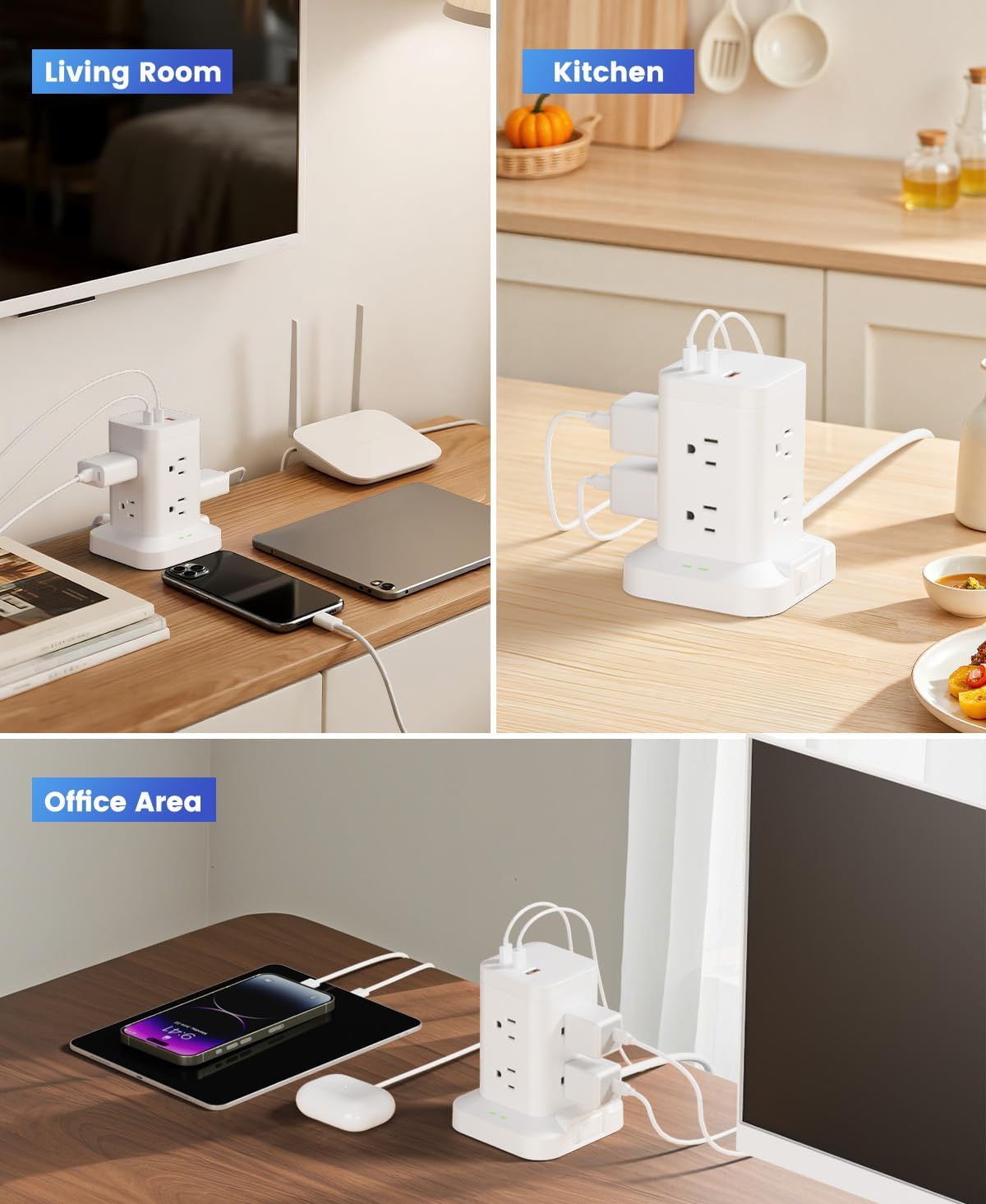 Power Strip Tower with Surge Protector 1800J, Fast Charging Tower PD20W USB-C Ports with 8 AC Outlets, 6ft Extension Cord for Home Office Dorm Room, White