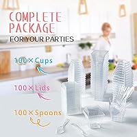 Vista 5 de Qeirudu Mini tazas de postre de 2 onzas con tapas y cucharas, paquete de 100 vasos de plástico para postres pequeños vasos cuadrados para servir