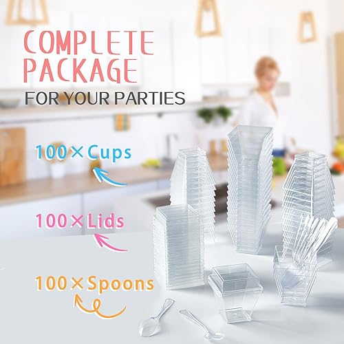 Miniatura 5 de Qeirudu Mini tazas de postre de 2 onzas con tapas y cucharas, paquete de 100 tazas de plástico para aperitivos, tazas cuadradas pequeñas para servir