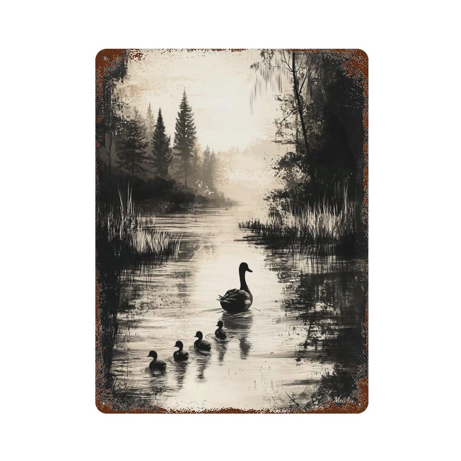 Vintage Serenity – Duck Family on A Peaceful Lake Weathered Tin Sign 15.7"x11.8", Novelty Wall Decor for Garage, Pub Or Kitchen