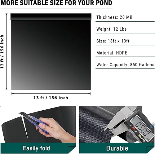 Miniatura 2 de Revestimiento de estanque de 13 x 13 pies con grosor de 20 mils, revestimiento de estanque de polietileno de alta densidad preformado resistente a