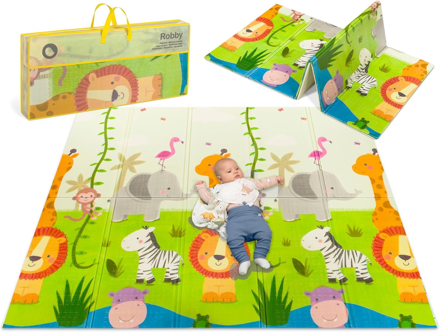LIONELO Robby alfombra de juego educativa grande para bebes, para niños plegable, de doble cara 200x180 cm, ligera e impermeable, material XPE respetuoso con el medio ambiente, bolso incluida