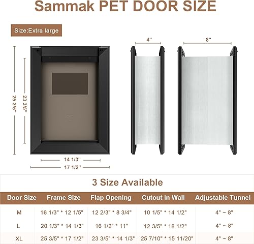 Miniatura 8 de Sammak Puerta grande para perro para pared, puerta resistente para perros con marco de aluminio y túnel telescópico, dos solapas magnéticas y dos