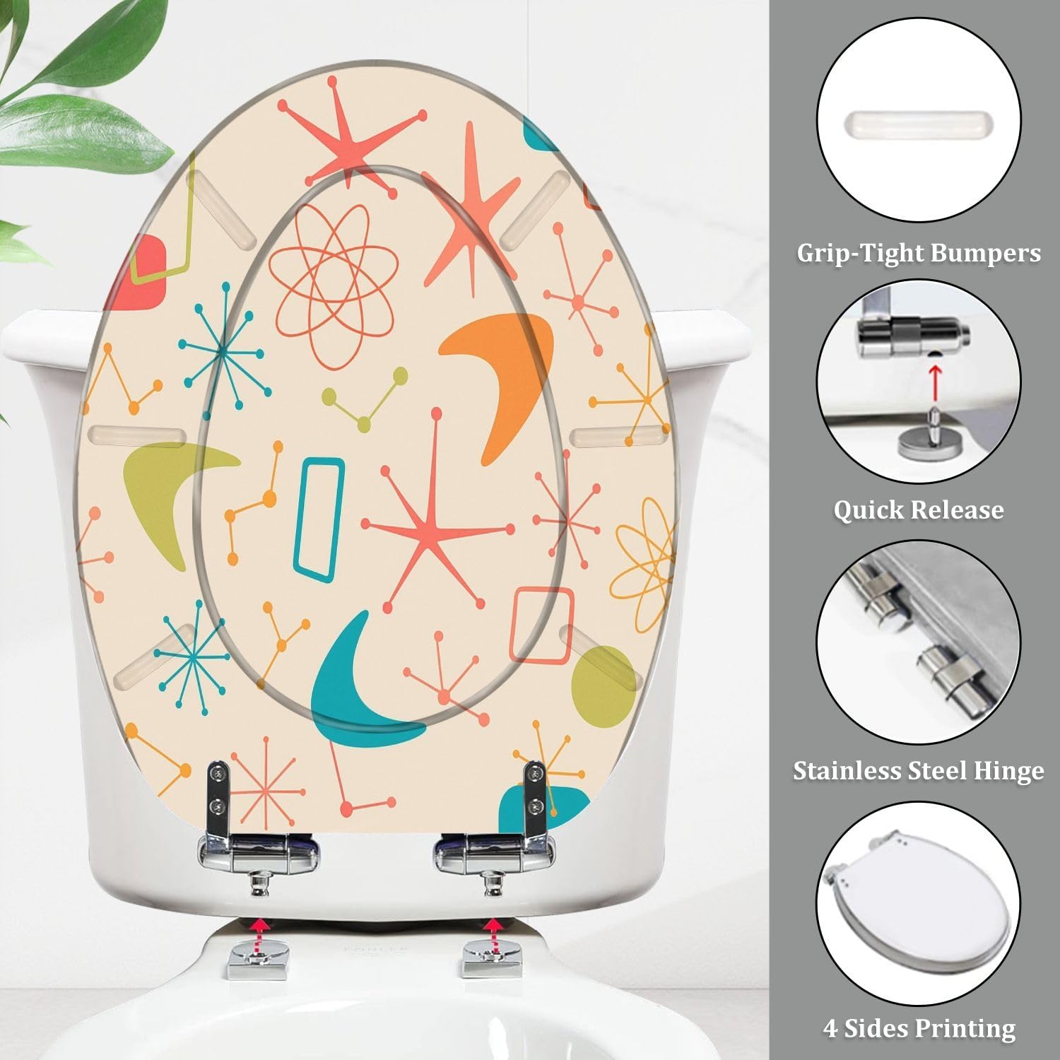 Elongated Toilet Seat Mid Century Modern seamless pattern retro stars orange blue green pink Resin Toilet Seat Quietly Close Quick Release Hinges with Cover Bumpers Decorative Easy to Install Clean