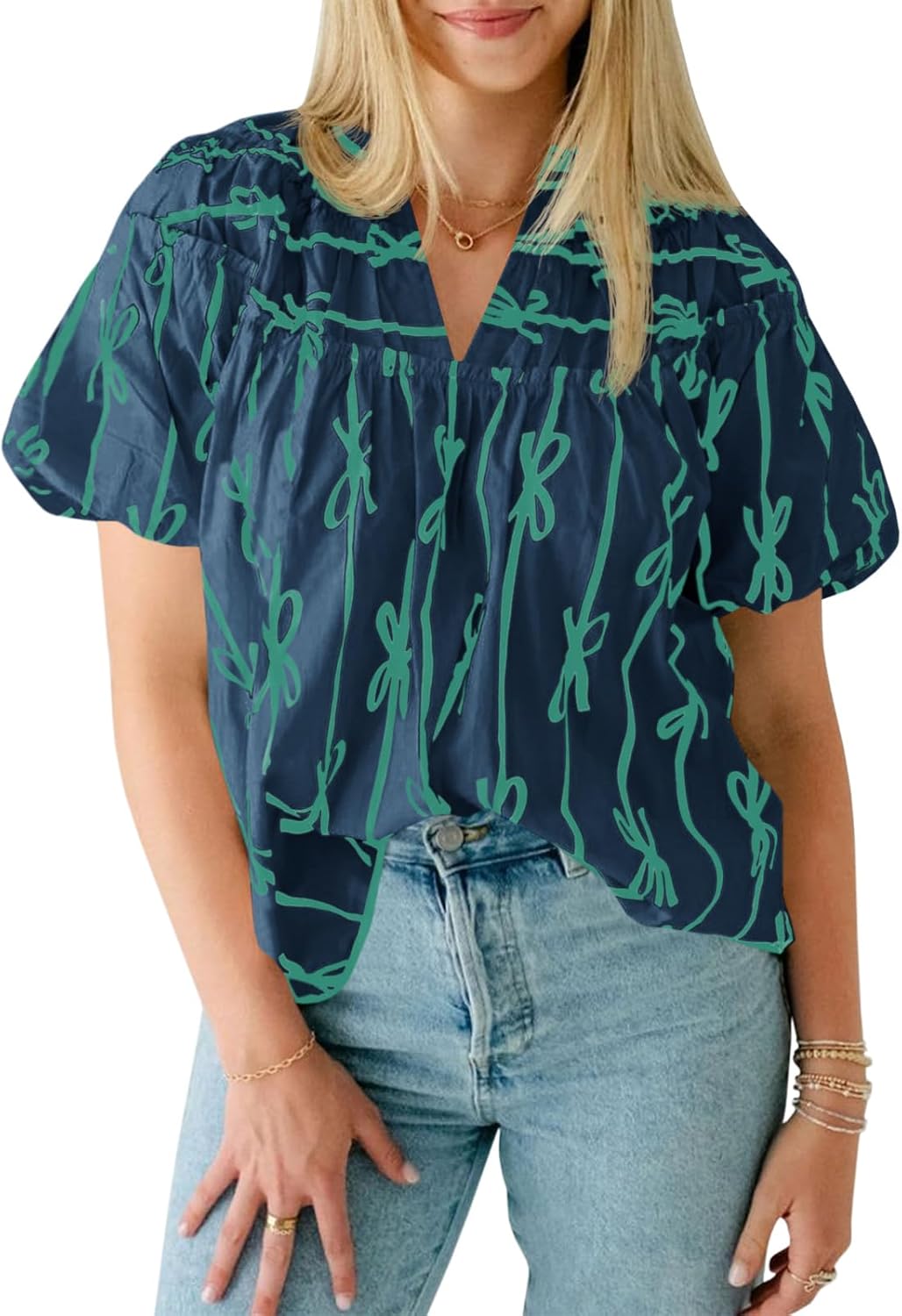 Cicy Bell Womens Summer Babydoll Tops Short Lantern Sleeve Bow Print Blouse V Neck Pleated Casual Cute Tee Shirts