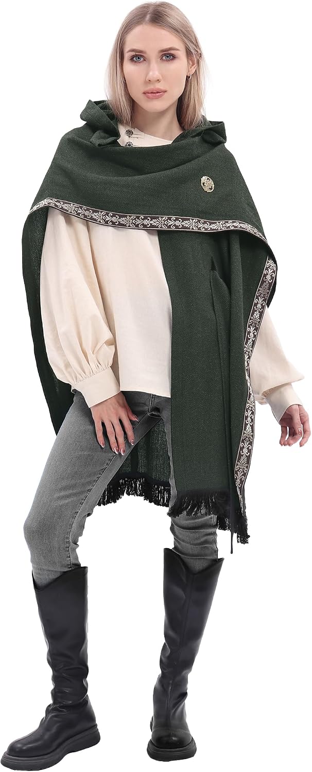 Medieval Hooded Cloak with Belt Tassel Hem Renaissance Cape Vintage Cosplay Costume