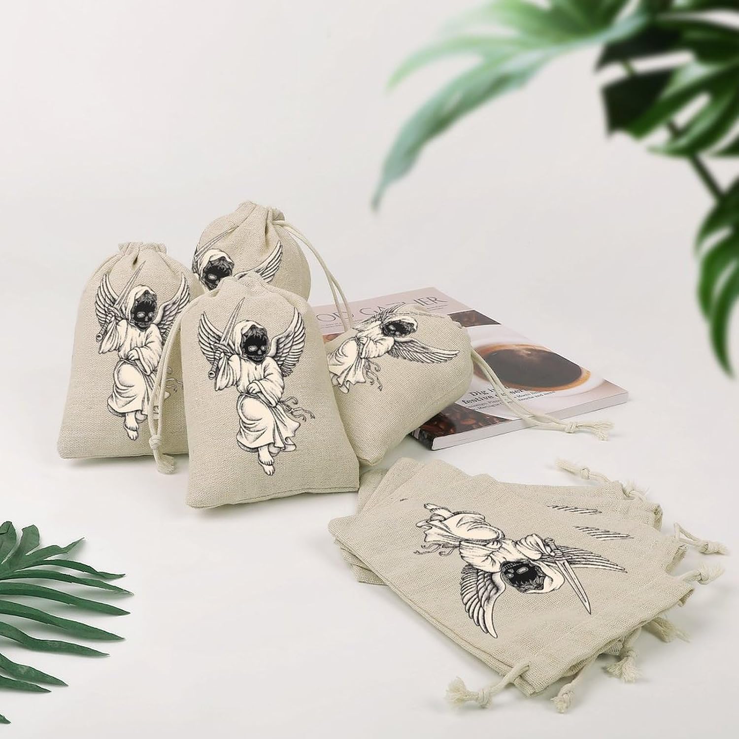 Cherub Sword Skull Mask Drawstring Bags Cotton Linen Pack of 8 | Reusable Storage Gift Pouch Party Home Supplies