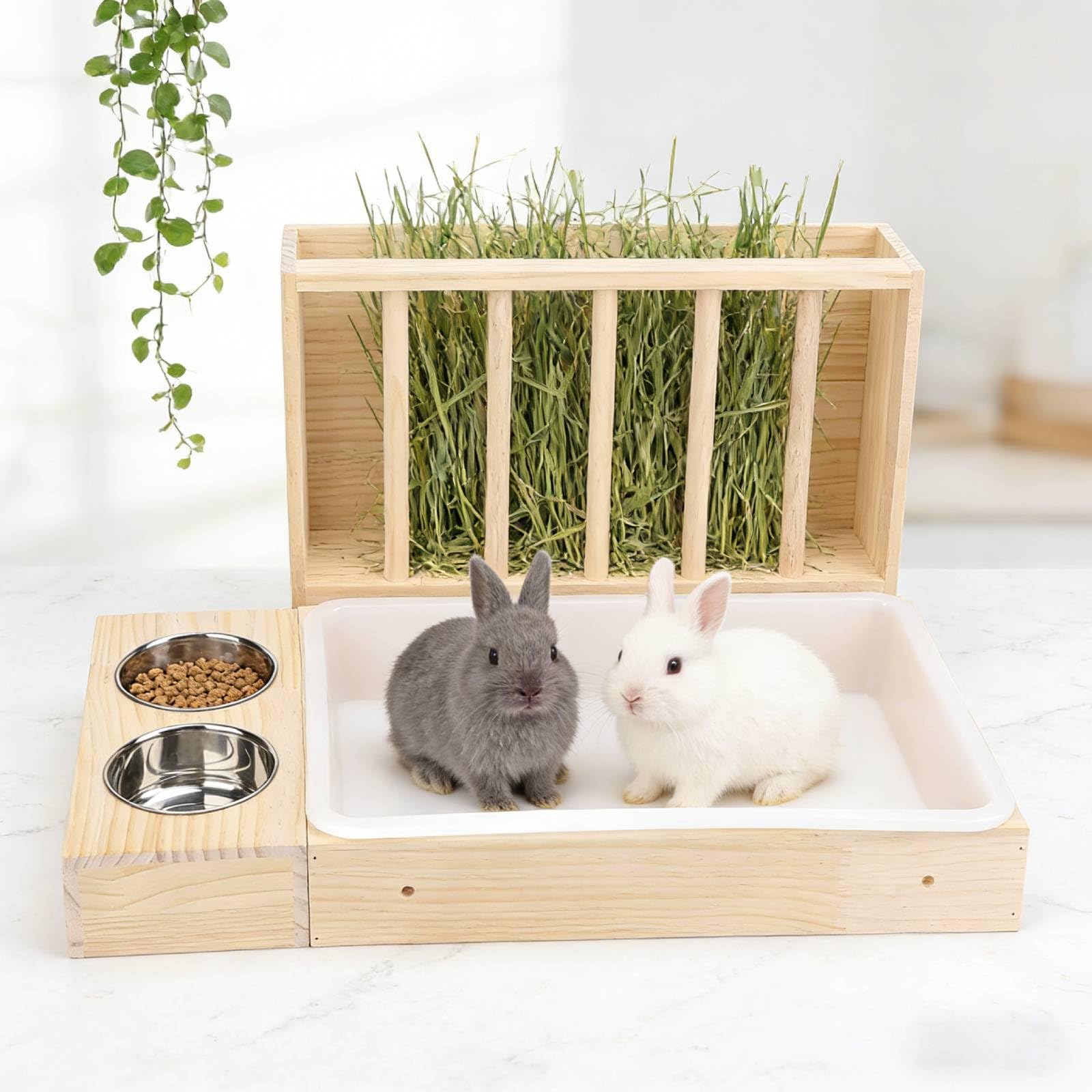 Jaula de visión de Pollo Rutin, alimentador de heno de Conejo, tazones de Acero Inoxidable Conejito de Madera para alimentación de Chinchillas hámster Animales pequeños