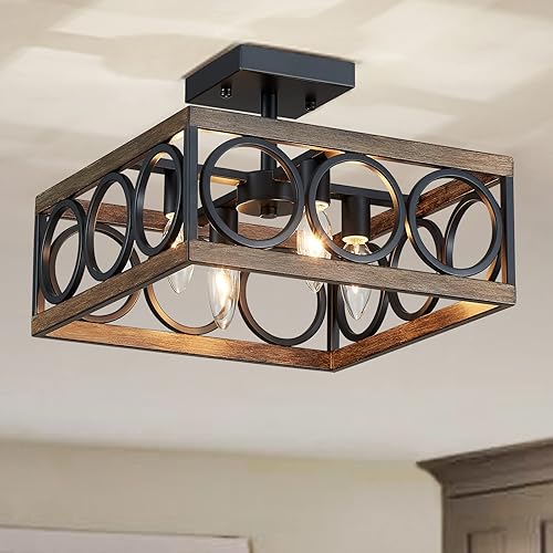XINGQI Lámpara de techo rústica semiempotrada de 13 pulgadas, lámpara de techo vintage para sala de estar, comedor, dormitorio, grano de madera