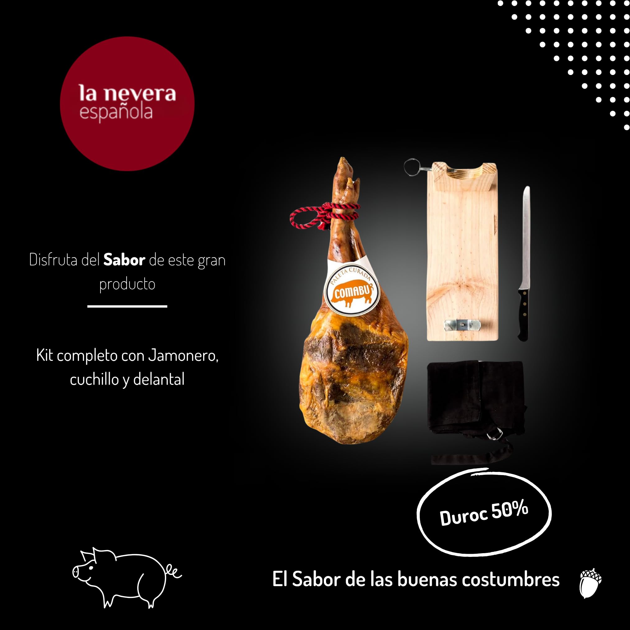 La Nevera Española | Paleta Curata, Porta Prosciutto, Coltello e Grembiule | Peso 4,5 KG | Curación Minima 10 Mesi | Prosciutto Comabu | Il Prosciutto della Nevera Española