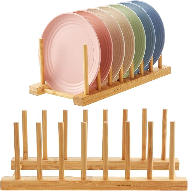 Coolty 2 Pack Bamboo Rack, Kitchen Wood Bamboo Holder, Dish Storage Tray Rack Drainer Plate Stand Kitchen Cupboard Storage Organiser for Storage CD Tableware Book Wine Glass (7 Slot)