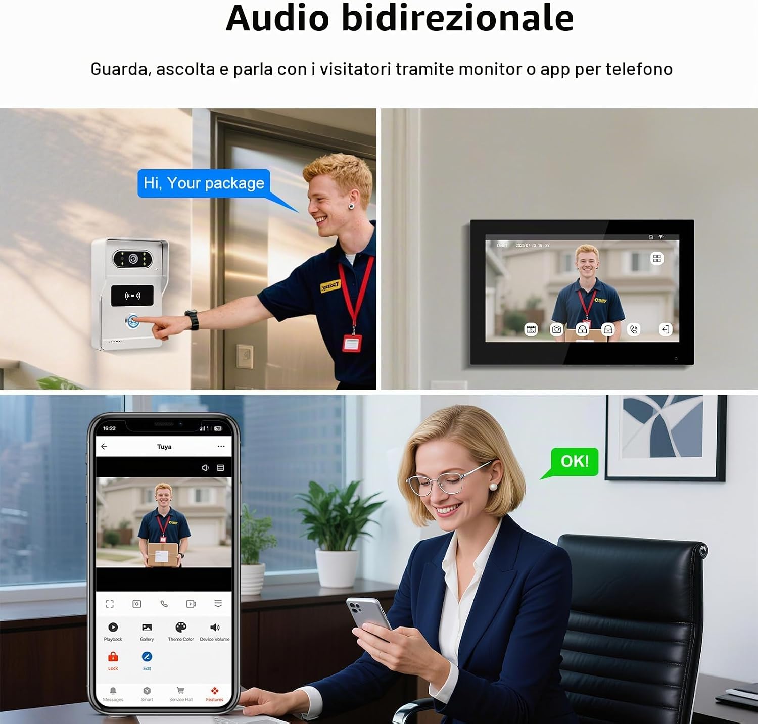 Collage showing a delivery person at the doorbell, the indoor monitor displaying the visitor, and a user interacting with the Tuya app on a smartphone