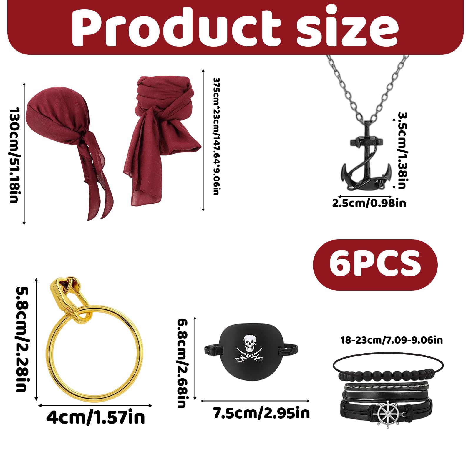 SrgPui Pirate Costume Women, 6-Pcs Pirate Accessories Set for Women Headscarf, Belt, Wristband, Eye Patch, Necklace and Ring - Image 2