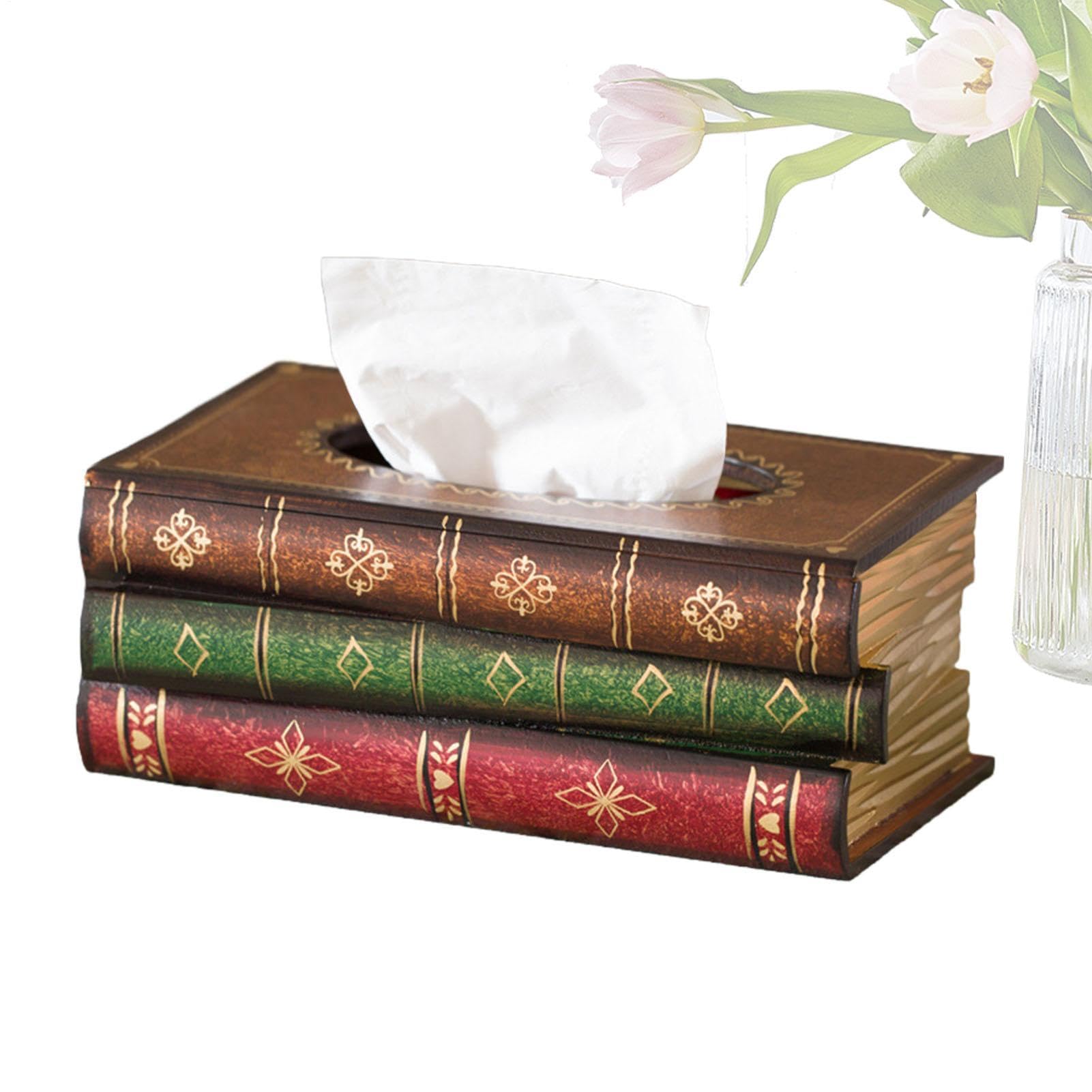 Decorative Tissue Cover For Car & Home - Antique Book Stack Rectangular Facial Tissue Holder, Hand-Painted Wooden Box Case | Retro Desk Decor & Napkin Dispenser Gift For Colleagues