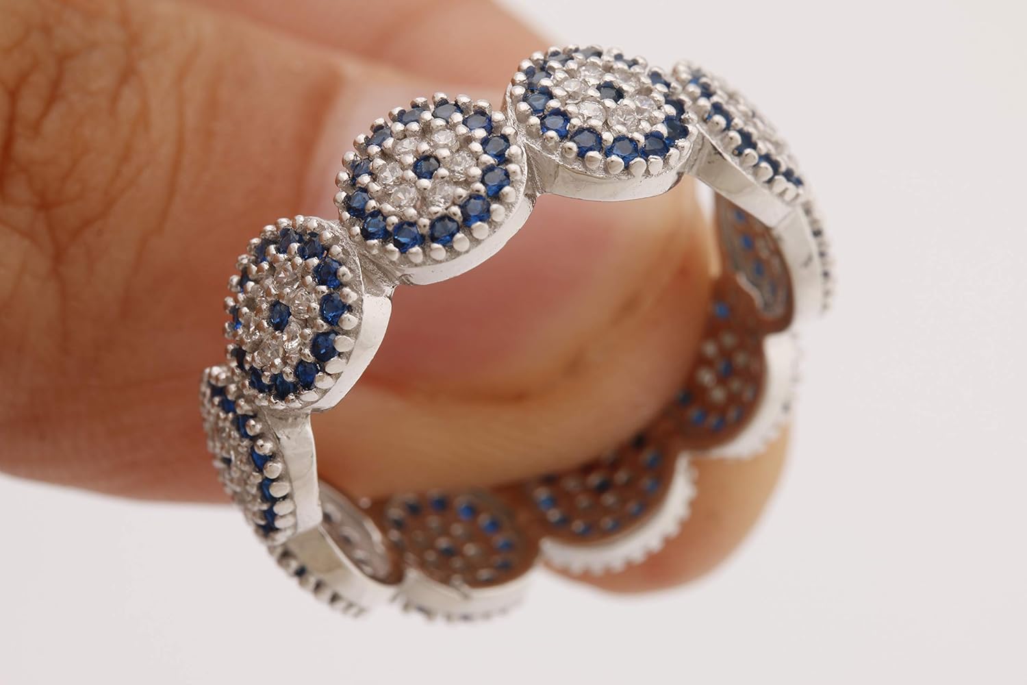 Special Design Nazar ! Turkish Handmade Jewelry Evil Eye Sapphire Topaz 925 Sterling Silver Rhodium Band Ring Size Options