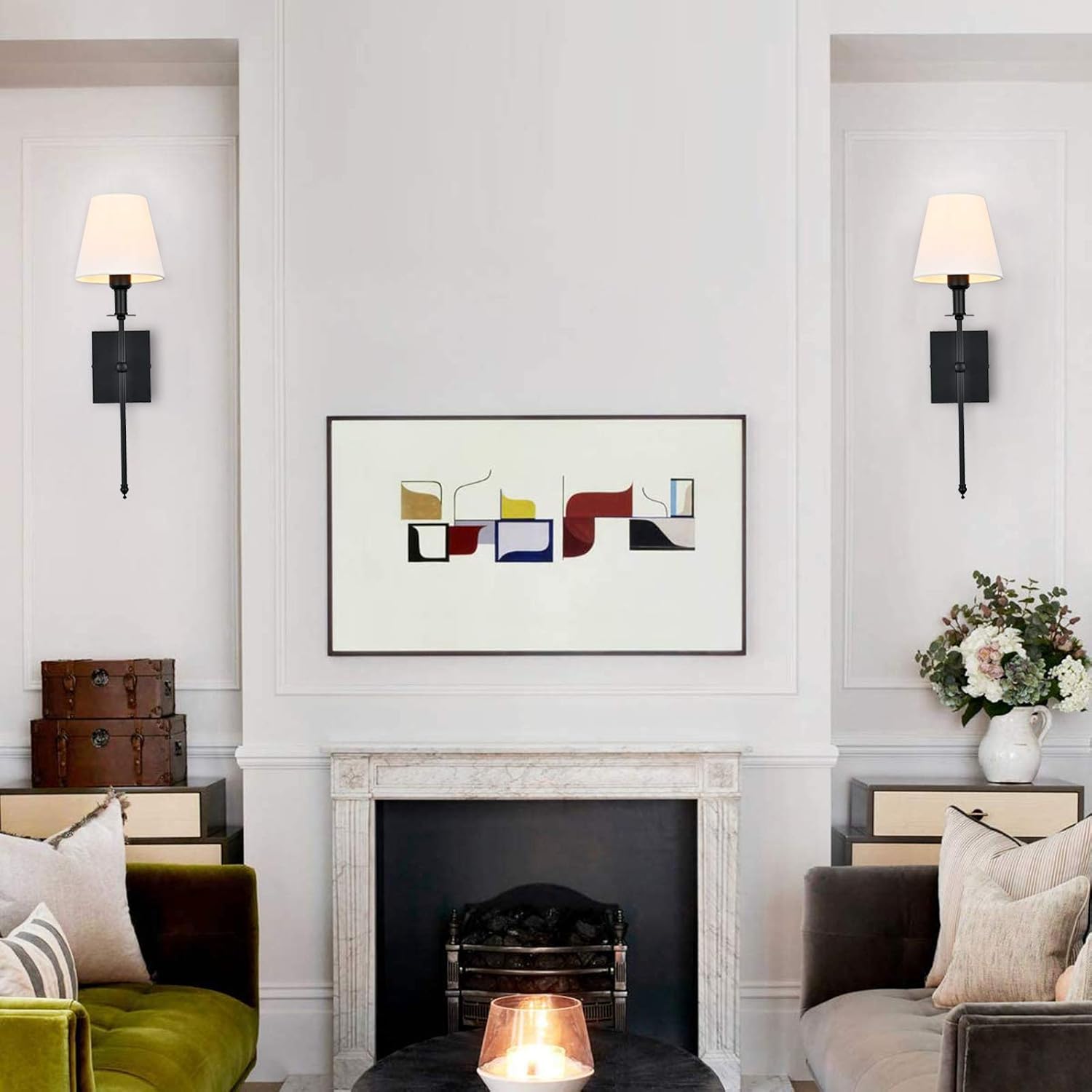 Pauwer Slim Wall Sconce Set of 2 White Fabric Shades Wall Sconce Hardwired Indoor Wall Light Column Stand Bedroom Wall Lamps Bathroom Vanity Light Fixture, Black - - 