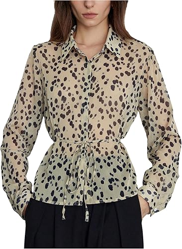 MakeMeChic Women's Polka Dots Belted Button Down Shirt Long Sleeve Collared Blou