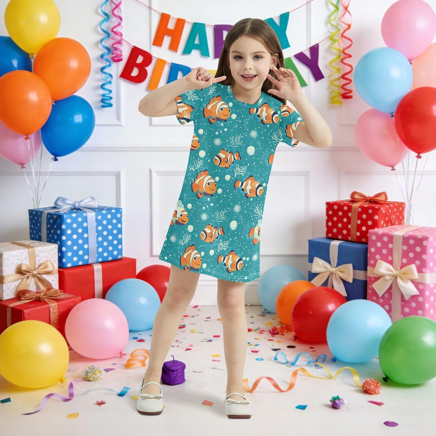 Deep Sea Fish Girls Dresses Summer Dresses for Girls with Cotton Short Sleeves for Casual a Line Dress Size 2-8Y