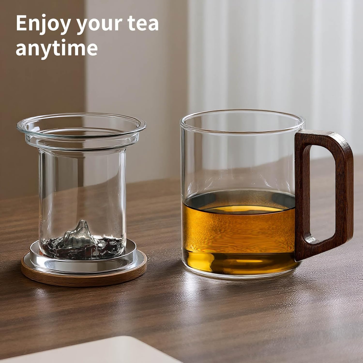Unbreakable - Glass Tea Cup with Infuser and Lid, 950ML / 32oz Large Borosilicate Tea Mug with Wooden Handle and Lid, Heat Resistant Glass Tea Cup for Loose Leaf Tea, Home Office Use