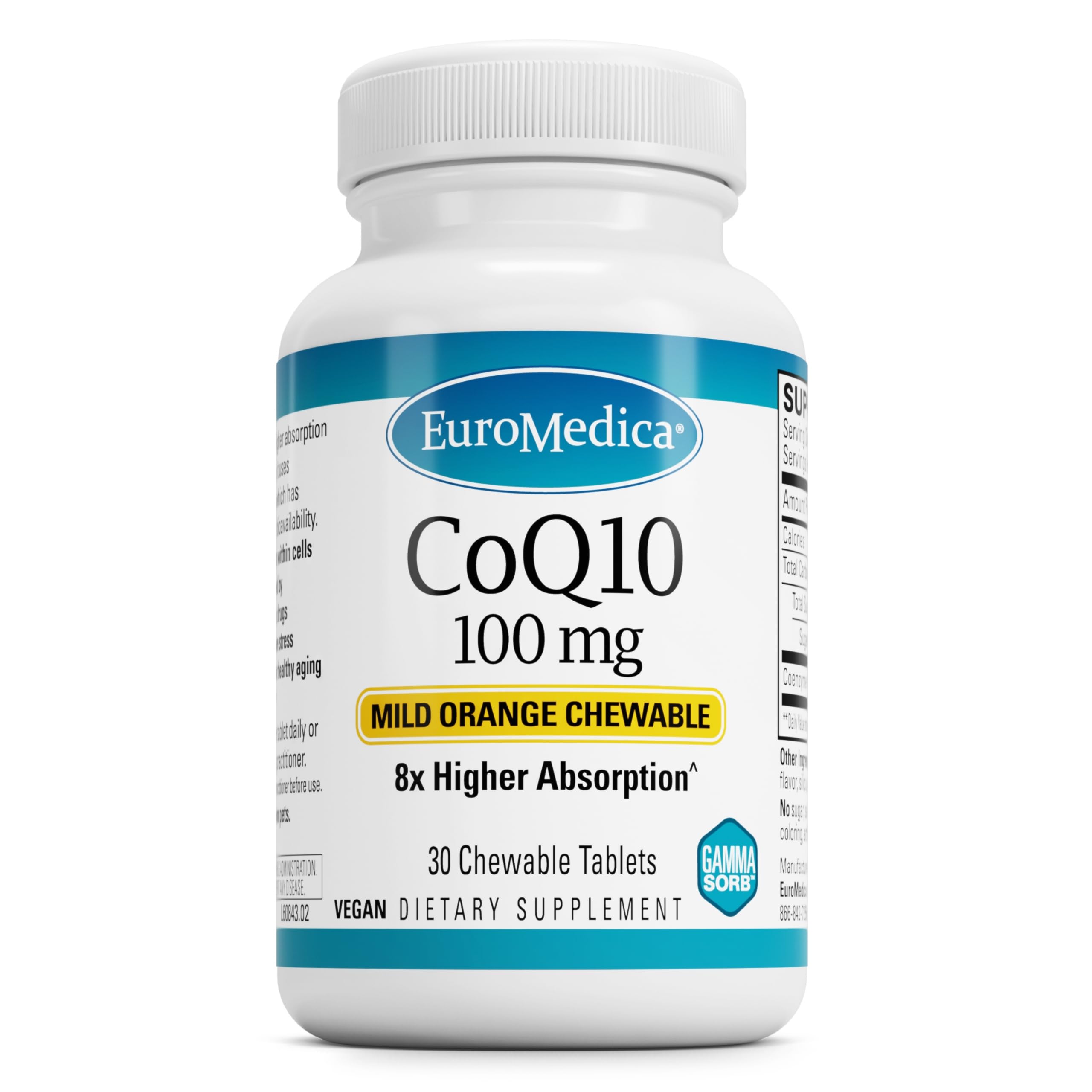 EuroMedica CoQ10 100 mg - Cellular Energy Support Supplement - Higher Absorption CoQ10 Chewable Supplement - Nutritional Supplement to Aid Healthy Aging & Brain Health - 30 Chewable Tablets