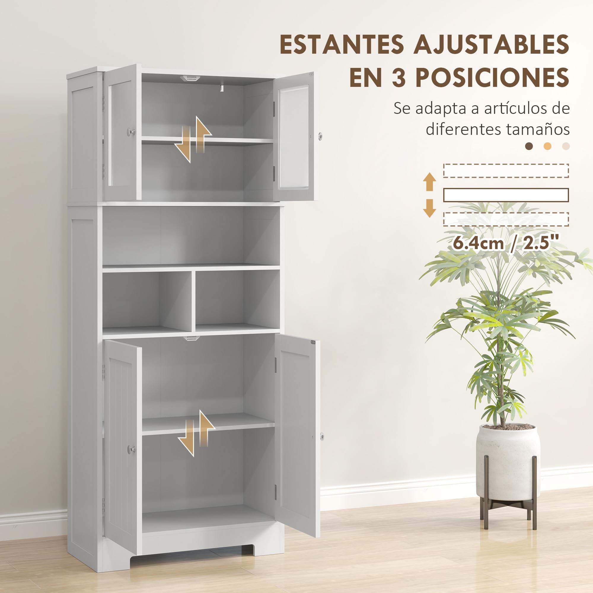 HOMCOM Credenza Cucina con 2 Armadietto, 3 Vani Aperti, Mobile Dispensa Stretto con Ante in Vetro e Ripiani Regolabili, per Soggiorno, Sala da Pranzo, 60x30x145.5 cm, Bianco