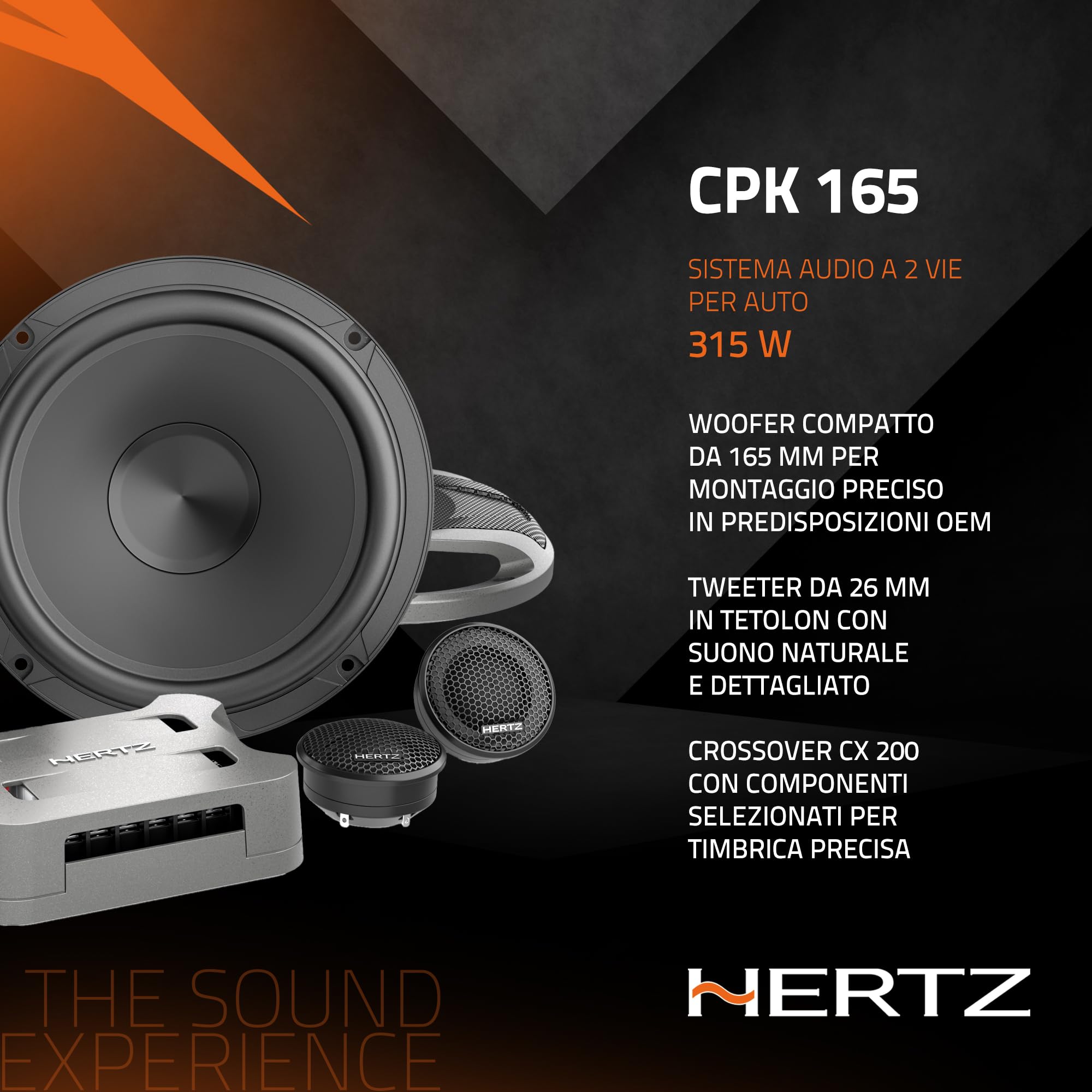 Hertz CPK 165 kit 2 vie 165mm, 315W | tweeter 29mm, crossover incluso, 6,5 pollici, 105W RMS, 4 Ohm, 92,5 dB, griglie incluse