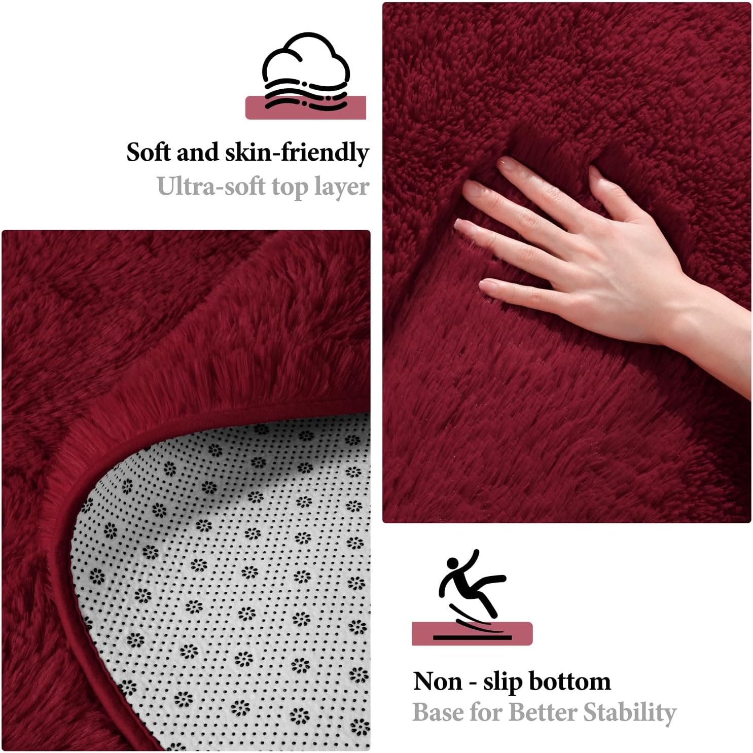 Round Rug for Bedroom, 4x4 Fluffy Soft Circle Area Rugs for Kids Girls Nursery Room, Washable Plush Shaggy Indoor Floor Bedside Living Room Circular Carpet, Home Decor Aesthetic, Burgundy