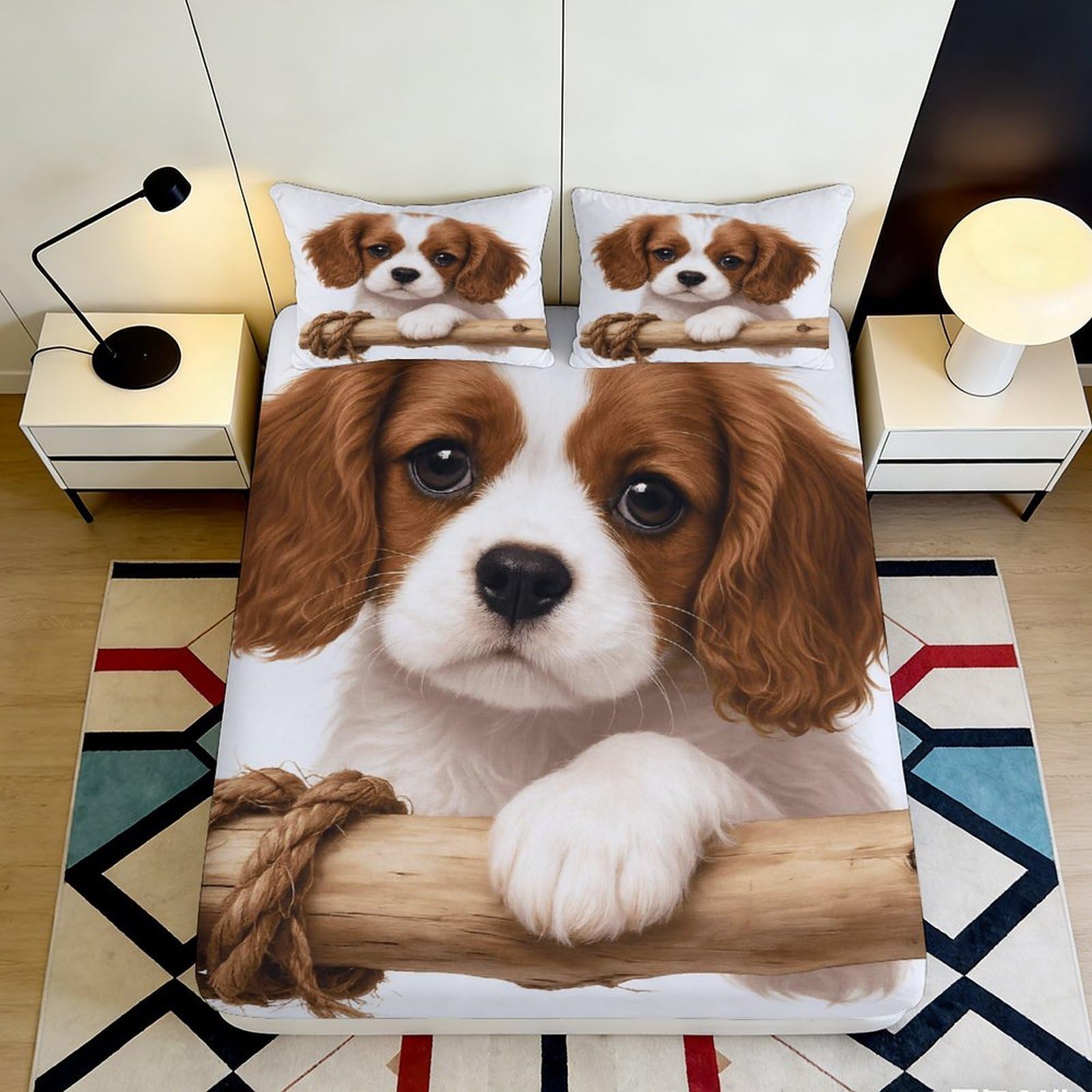 3D Printed Puppy Dog Fitted Sheet Microfiber Soft Non-Slip Cartoon Pet Mattress Cover for Bedroom Dorm Decor 140x200x25cm
