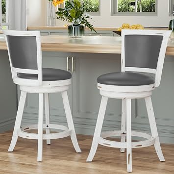 Swivel Bar Stools Set of 2, 24" Counter Height Swivel Barstools with Back & Faux Leather Upholstered Seat, Island Chairs with Solid Wood Legs & Footrest for Kitchen, Dining Room, Pub, White