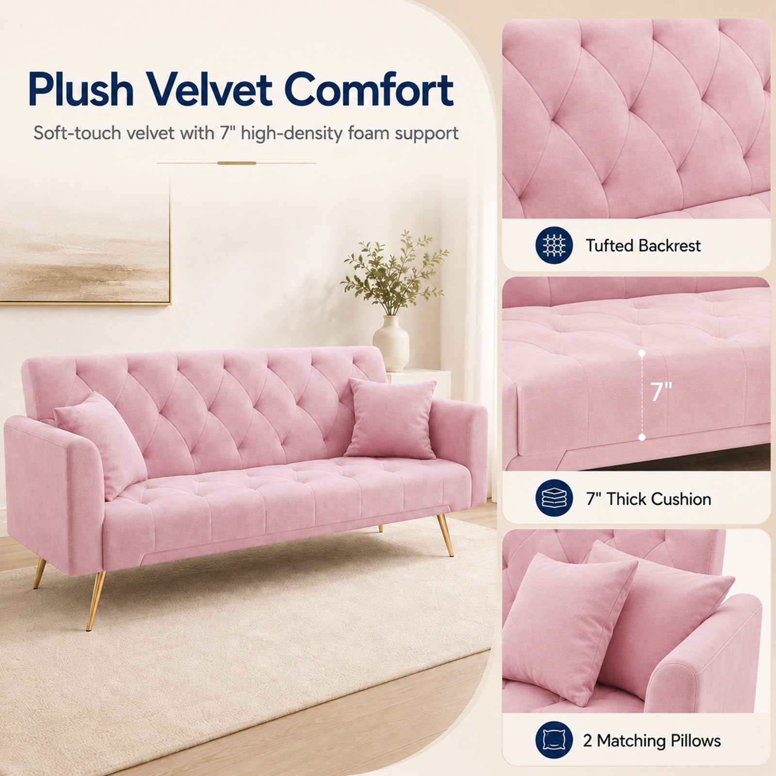 Majnesvon 71" Pink Futon Sofa Bed Couch: Velvet Fabric Memory Foam 2 Pillows Gold Metal Feet Adjustable Tufted Backrest, Convertible Folding Sleeper Loveseat for Living Room Bedroom Apartment (Pink)