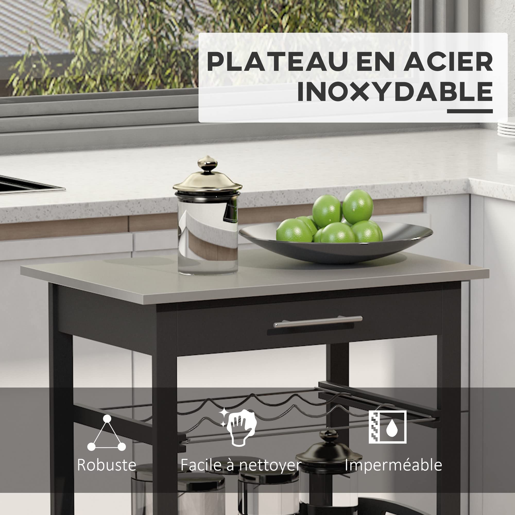 HOMCOM Chariot de Service avec Rangement Bouteille 60L x 40l x 85H cm Noir | Desserte de Cuisine, Table Roulantes, Étagère, Plateau en Acier INOX