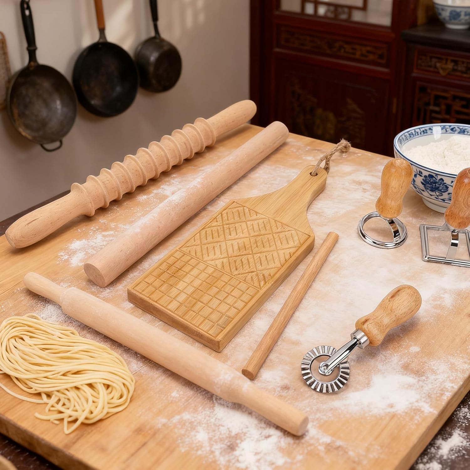 BAFOVY Pasta Maker Tool Kit Wooden Pasta Cutter Stainless Steel Dumpling Maker with Rolling Pin for Home Kitchen Cooking Baking
