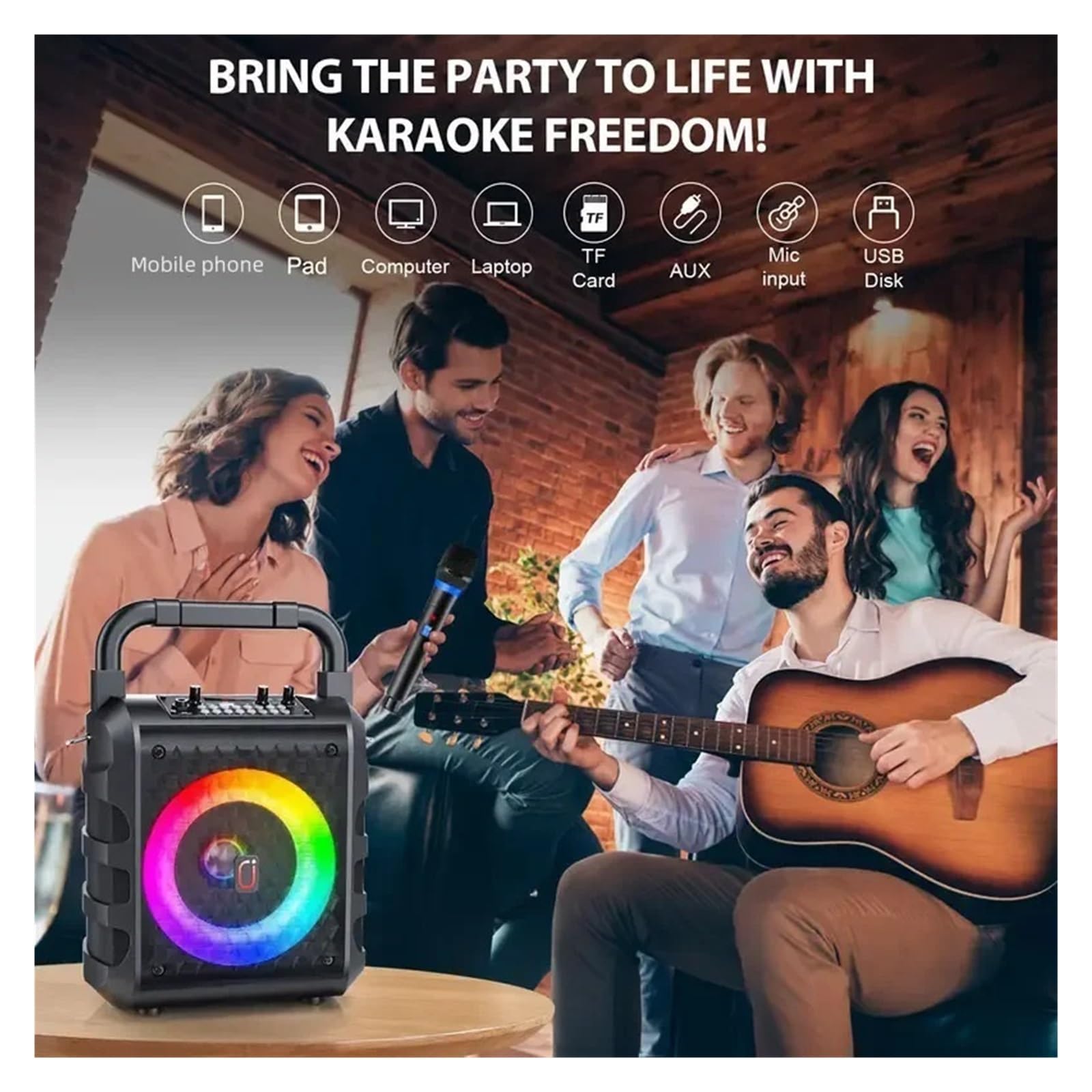 Zestaw Karaoke Z 2 Bezprzewodowymi Mikrofonami Karaoke, Przenośnymi Głośnikami Bluetooth, Domowym Systemem Karaoke 0K Z Kolorowymi Światłami RGB