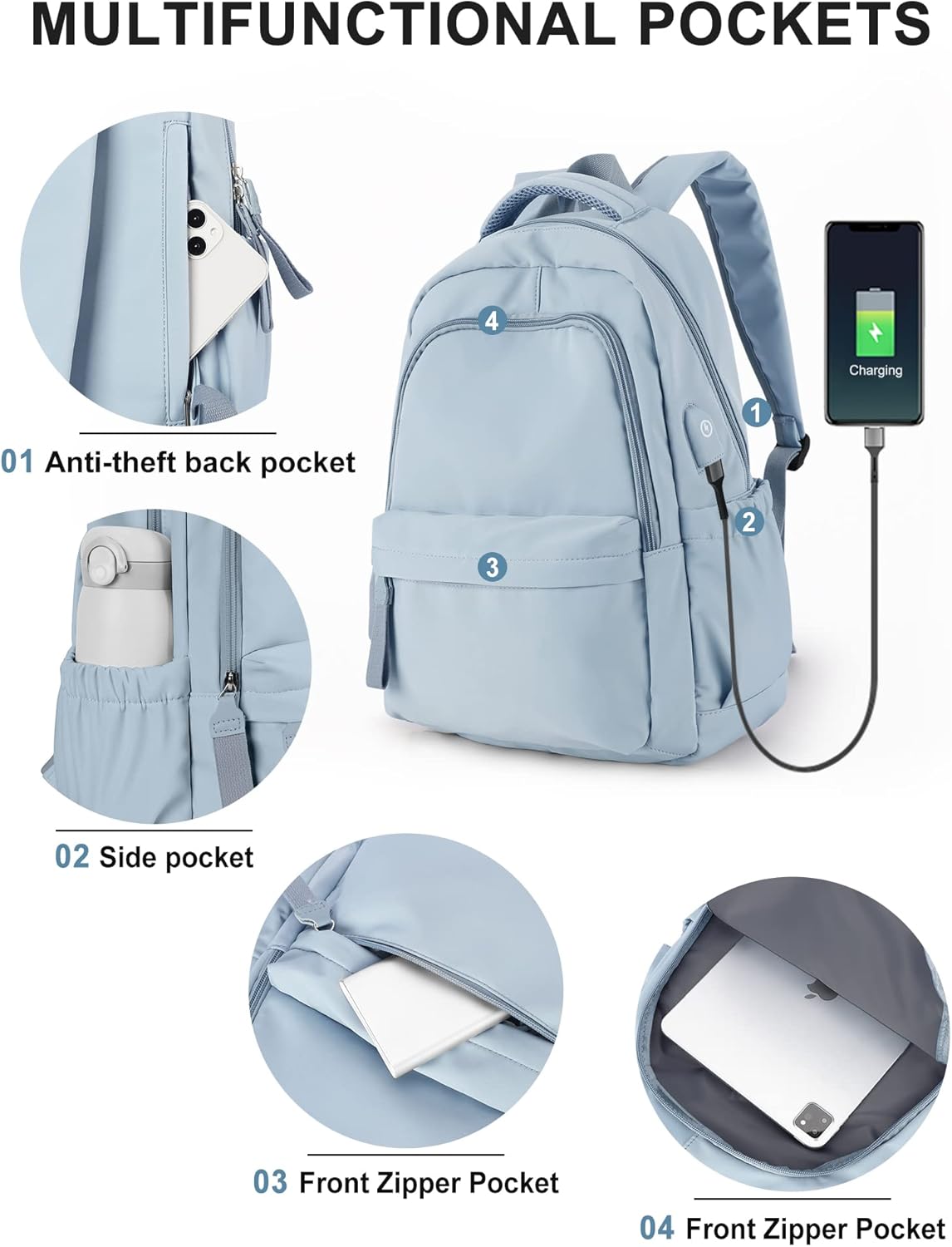 winspansy Small Backpack For School Girls Boys Aesthetic Lightweight Travel Daypack Simple Cute Backpack For Women Men College High School Bookbag Fit 14 Inch Laptop With USB charging port,Light Blue - Image 3