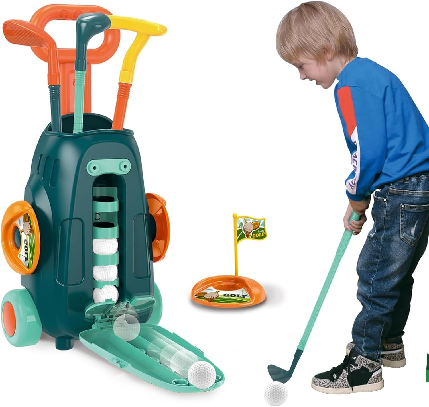 AM ANNA Kids Golf Club Set, Toddler Golf Set with Golf Board, Balls, Golf Clubs and Golf Cart, Indoor and Outdoor Sports Toys Gifts for Boys Girls Aged 2 3 4 5 6 Years Old (Green)