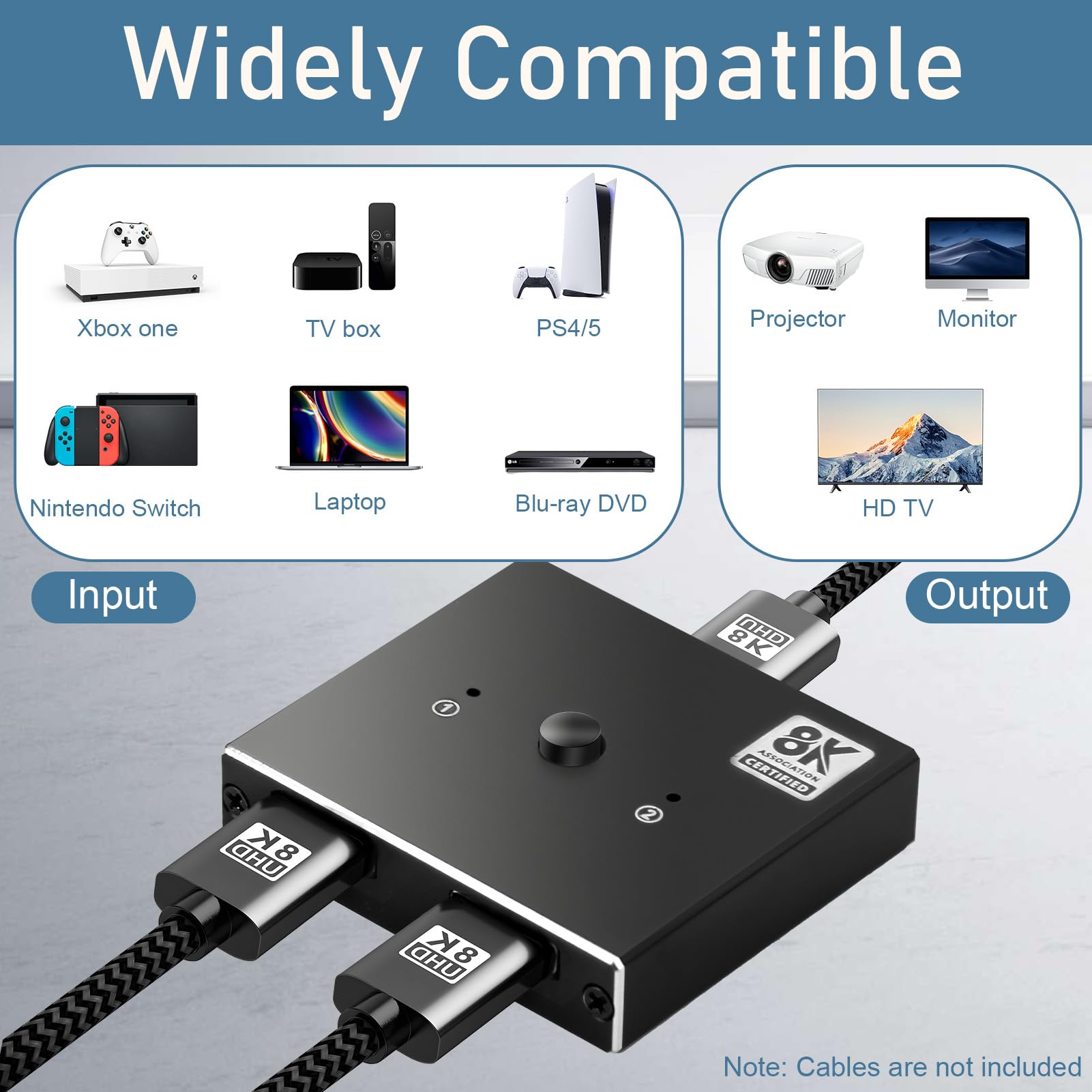 Switch HDMI 8K HDMI 2.1 splitter bidirezionale 1 in 2 out/2 in 1 out estendere display Ultra HD 4 K @ 120 Hz 8 K @ 60 Hz 3D 48 Gbps HDMI Switcher per Xbox, Apple TV, PS5/PS4, Roku, Blu-Ray, DVD, HDTV